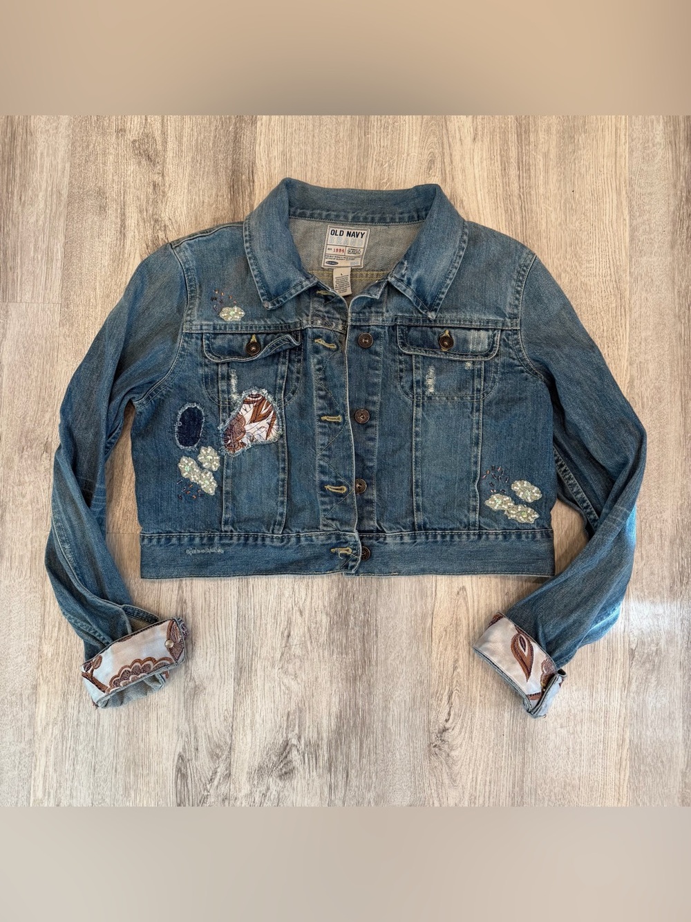 Old Navy Cropped Denim Jacket Embellished Distressed‎ Y2K Festival